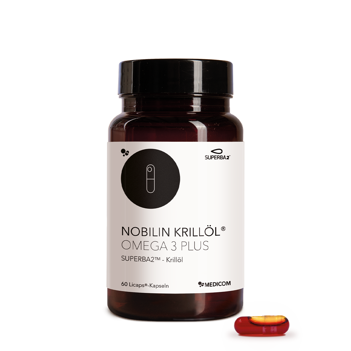 Die Packung von Nobilin Krillöl® Omega 3 Plus mit einer Licaps®-Kapsel im Vordergrund.