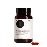 Die Packung von Nobilin Krillöl® Omega 3 Plus mit einer Licaps®-Kapsel im Vordergrund.