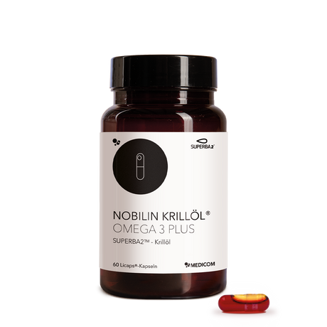 Die Packung von Nobilin Krillöl® Omega 3 Plus mit einer Licaps®-Kapsel im Vordergrund.