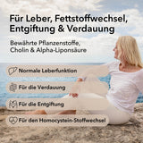 Produktinformationen zu Nobilin Leber Vital® mit den pflanzlichen Inhaltsstoffen und Angabe der Anwendungsgebiete: Unterstützung der Leberfunktionen, Verdauung und Entgiftung sowie für einen normalen Homocystein-Stoffwechsel