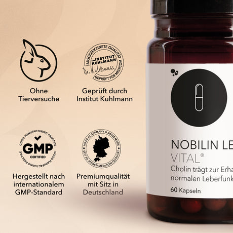 Die Produktdose von Nobilin Leber Vital®. Informationen mit Qualitätssiegeln und Zertifikaten wie Institut Kuhlmann (links im Bild).