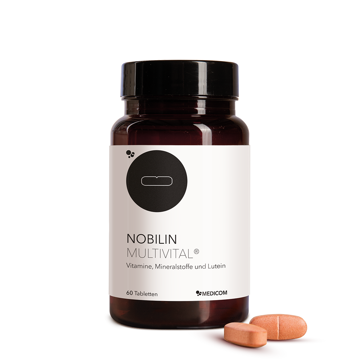 Nobilin Multvital® ­­ - die Vorderansicht der Produktdose mit zwei Tabletten im Vordergrund