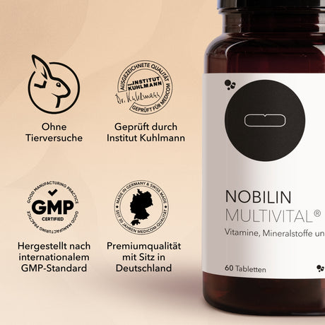 Nobilin Multivital® von Medicom. Rechts im Bild die Produktdose, links im Bild die Siegel und Zertifikate: Institut Kuhlmann und hergestellt nach GMP Standard