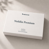 Die neue, wiederverwendbare Medicom-Box: Rechteckige Nobilin Premium-Produktverpackung mit einem Symbol, das drei Flaschen darstellt. Das Trio der Extraklasse