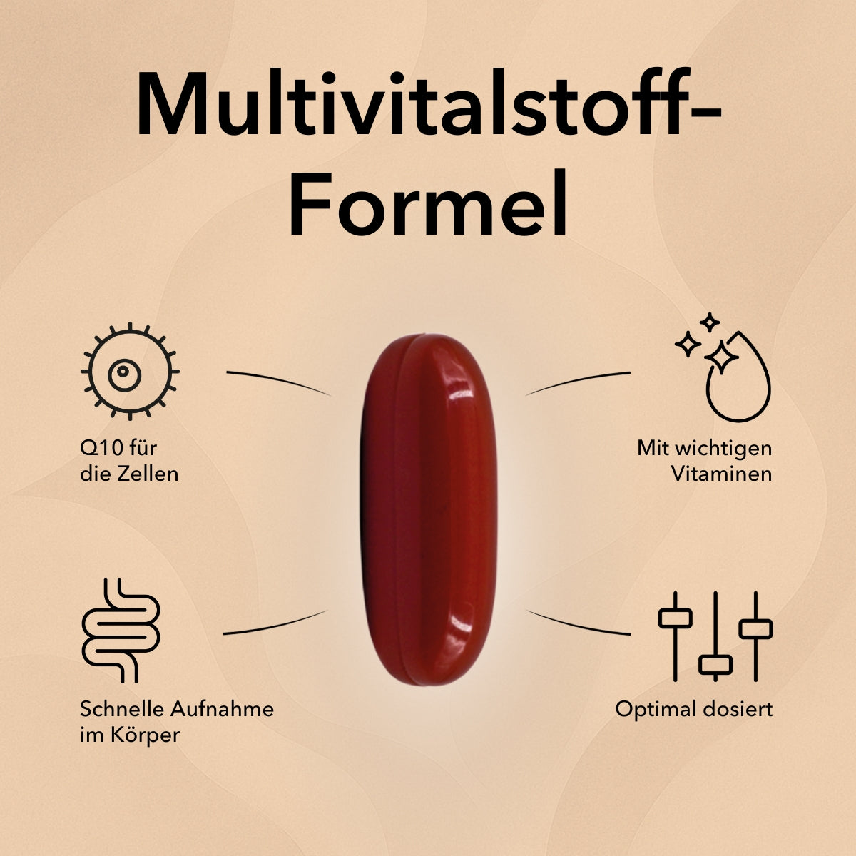 Eine rote Herbst-Routine-Vitamin-Kapsel, umgeben von einem Text, der ihre Vorteile beschreibt.