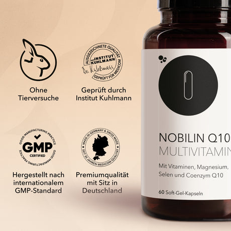Braune Glasflasche mit Multivitamin-Kapseln aus dem Herbst-Routine-Set mit Qualitätszertifikaten.