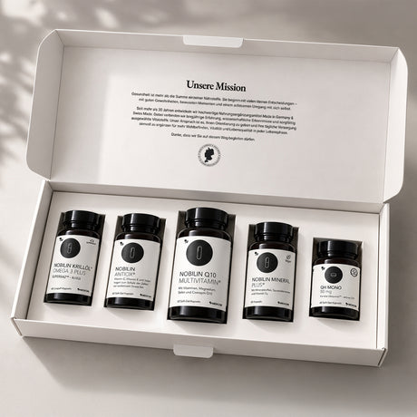 Nobilin Premium Selection Gold in der neuen Meidcom-Box mit fünf Produktdosen. Die Produkte werden elegant, sicher und ordentlich in den Einlegern präsentiert, wenn man die Medicom-Box öffnet.