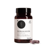 Die Produktdose von Nobilin Vision Complex mit Produktetikett und Informationen sowei zwei Kapseln im Vordergrund.