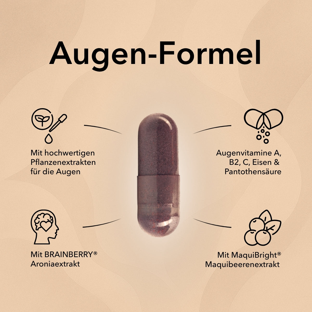 Die Kapsel von Nobilin Vision Complex in der Mitte und Produktinformationen: mit hochwertigen Pflanzenextrakten für die Augen, mit BRAINBERRY® Aroniaextrakt, mit & MaquiBright® Maquibeerenextrakt und Augenvitamine A, B2, C & Pantothensäure und Eisen.