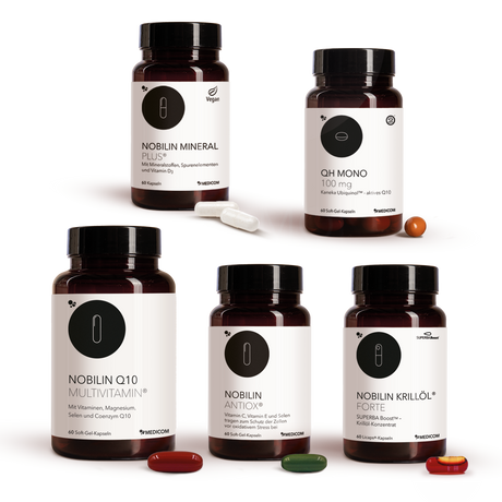 Nobilin Premium Selection Advance, Produktkombination aus fünf Produkten in der neuen Produktdose: Nobilin Q10 Multivitamin® , Nobilin Mineral Plus®, Nobilin Antiox® , Nobilin Krillöl® Forte  und QH Mono 100 mg in der Dose. Vor den Produkten sieht man jeweils die Kapseln.