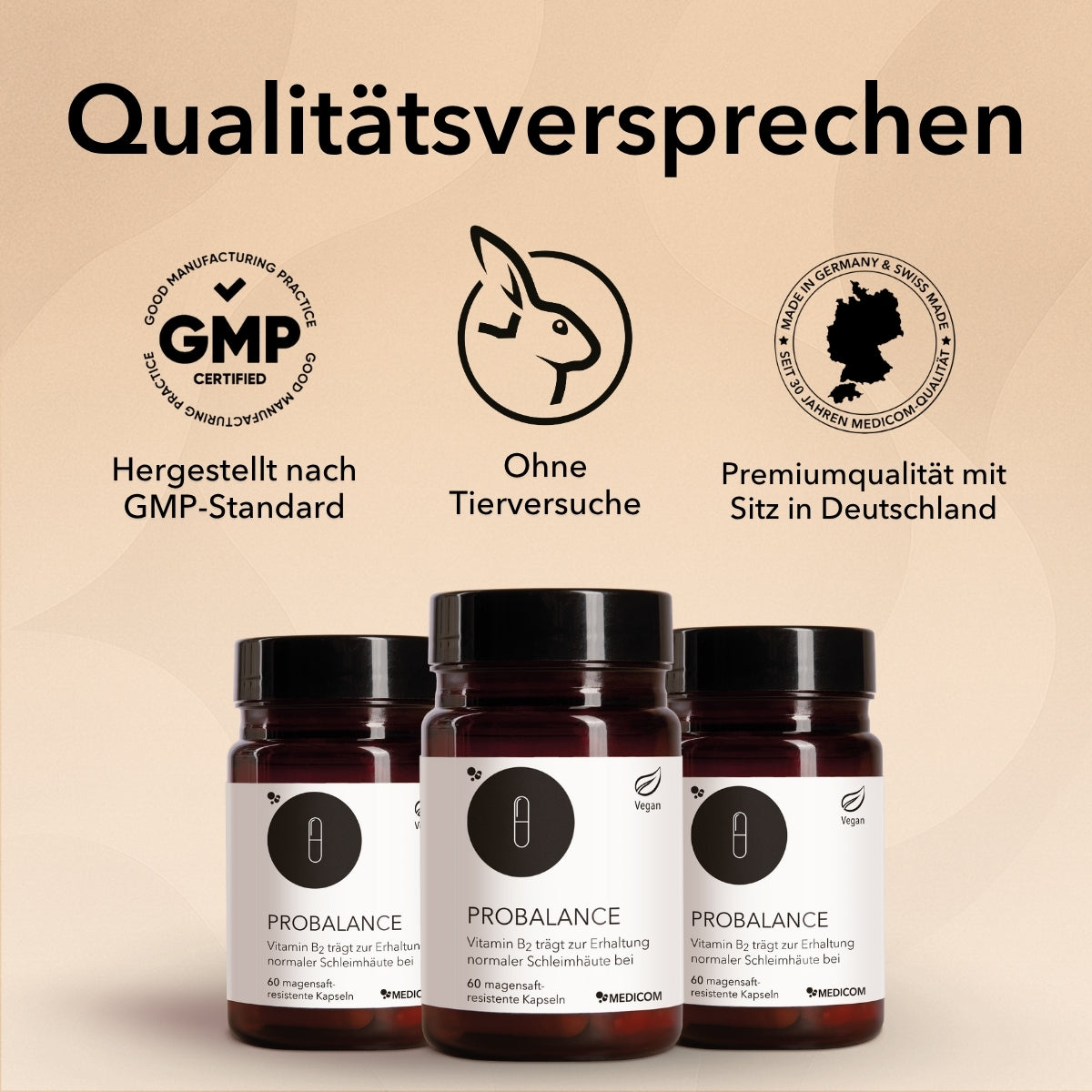Die Produktdose von ProBalance. Bild mit Siegel und Qualitätszertifikate von Medicom