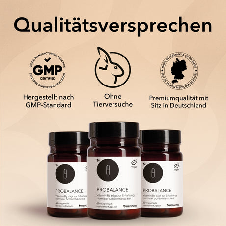 Die Produktdose von ProBalance. Bild mit Siegel und Qualitätszertifikate von Medicom