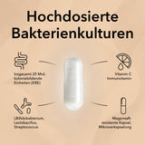 Eine Kapsel von ProImmun in der Mitte. Im Text stehen Produktinformationen zu ProImmun: Bewährte Milchsäurebakterien, sinnvolle Kombination mit Vitamin C, ganzheitliche Unterstützung