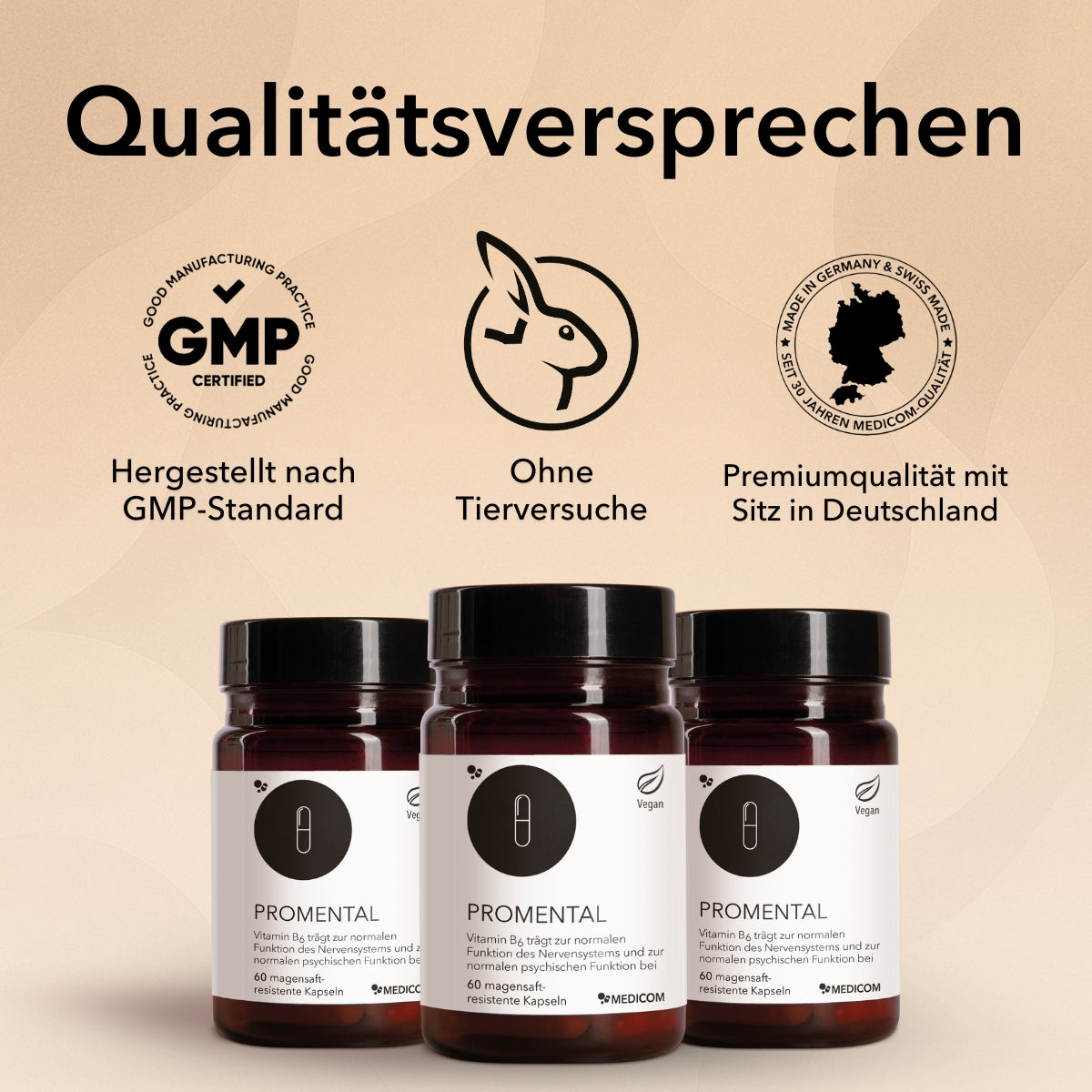 Die Produktdose von ProMental. Im Bild die Qualitätsmerkmale und Zertifikate von Medicom