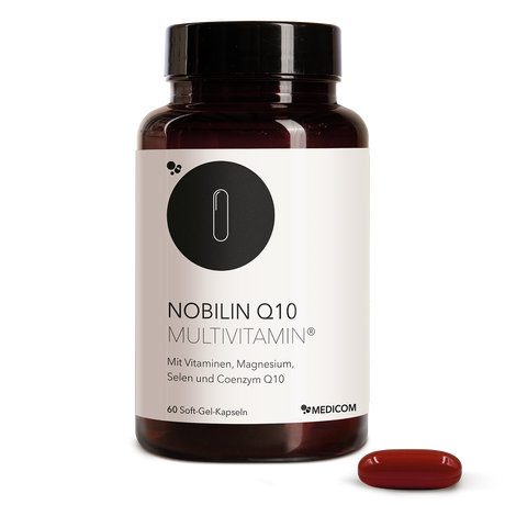 Die Vorderansicht der Produktpackung Nobilin Q10 Multivitamin® mit einer Soft-Gel-Kapsel im Vordergrund