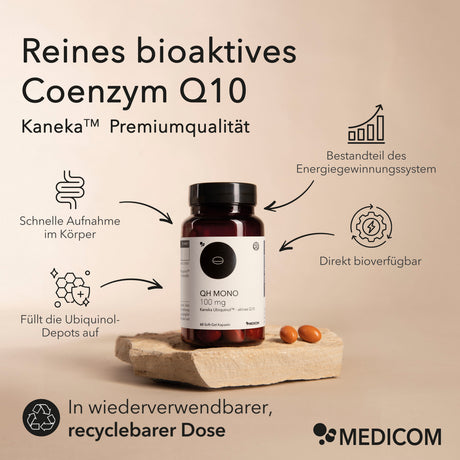 Herbst-Routine-Paket: Coenzym-Q10-Kapseln auf einem Stein mit Symbolen, die die Vorteile verdeutlichen.