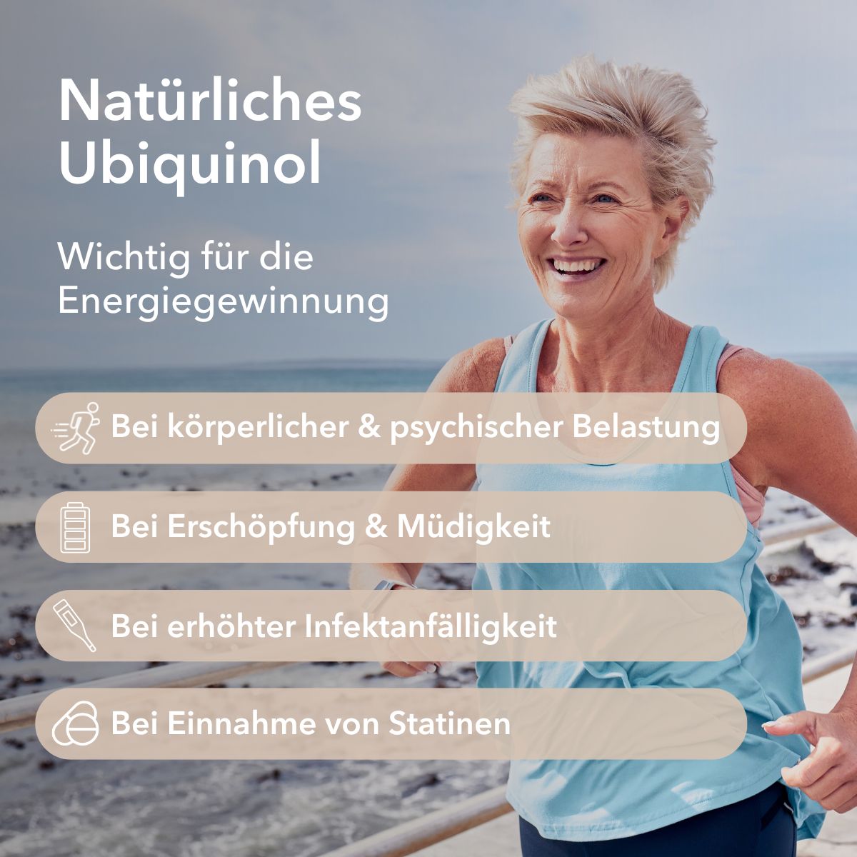 Beschreibung der Wirkung von Ubiquinol: Bei Belastung, Erschöpfung, Infektanfälligkeit, bei Einnahme von Statinen