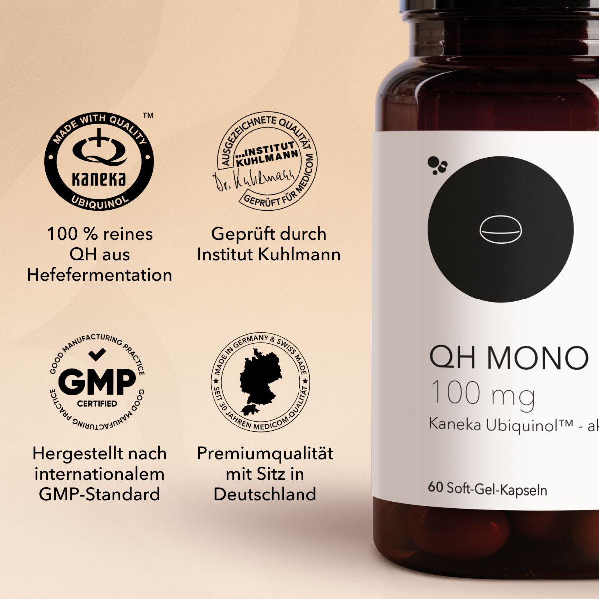 Produktinformationen zu QH Mono 100 mg, Medicom-Bestseller 2025, Siegel und Qualitätszertifikate sowie das Qualitätszeichen von Kaneka und ausgezeichnete Qualität geprüft durch Institut Kuhlmann