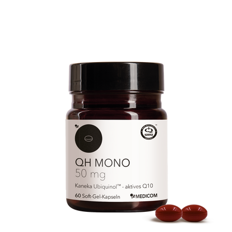 Die Produktdose von QH Mono 50 mg von Medicom, auf dem zwei rote Soft-Gel-Kapseln abgebildet sind. Auf dem Produktetikett liest man: Kaneka QH Ubiquinol, die bioatkive Form von Q10. 