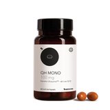 Auf weißem Hintergrund ist eine braune Flasche mit der Aufschrift „QH Mono 100 mg – Gratisprodukt“ von Medicom zu sehen, daneben liegen zwei braune Weichgelkapseln.