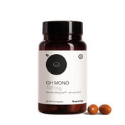 Auf weißem Hintergrund ist eine braune Flasche mit der Aufschrift „QH Mono 100 mg – Gratisprodukt“ von Medicom zu sehen, daneben liegen zwei braune Weichgelkapseln.