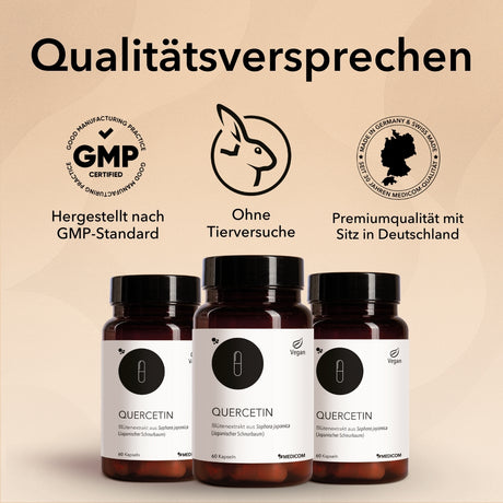 Produktinforamtionen zu Quercetin: Natürliches Flavonoid
Stark für die Zellen. Mittig im Bild eine Produktdose und rechts
Qualitätssiegel und Zertifikate