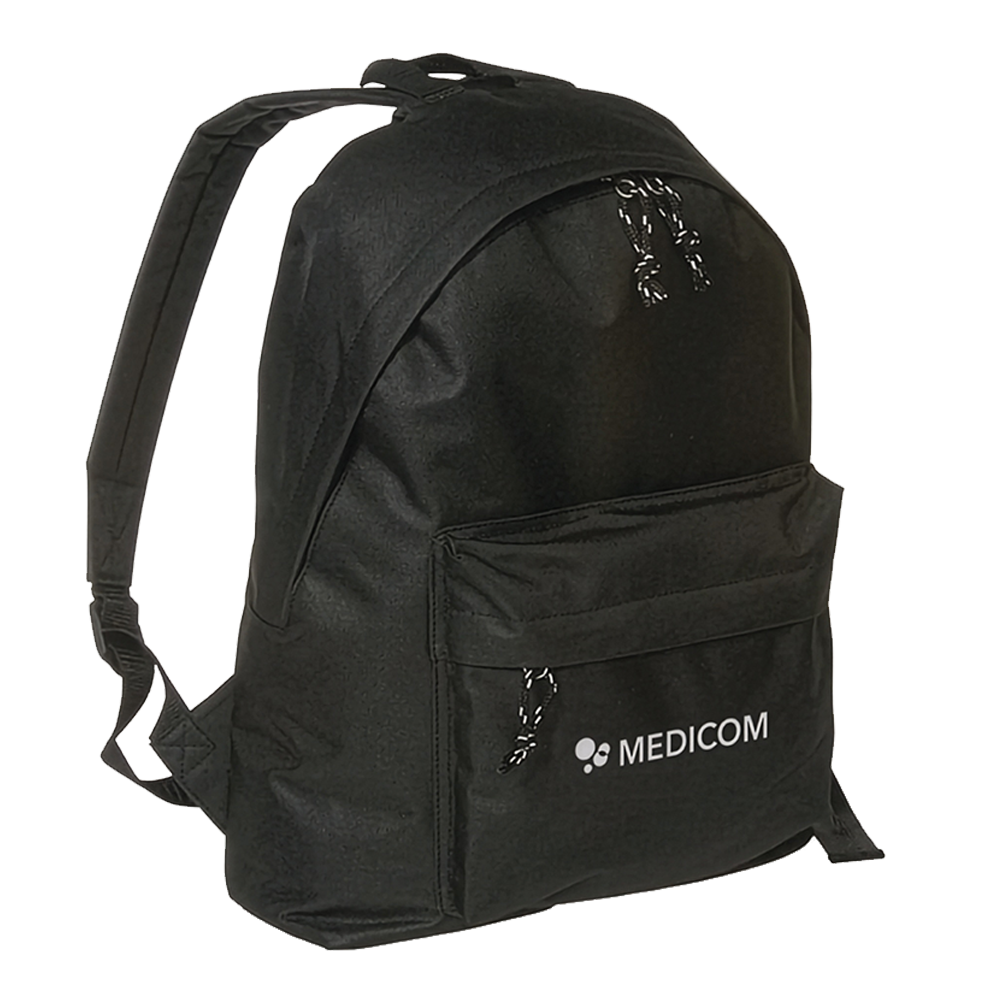 Schwarzer Medicom-Rucksack mit einer Fronttasche mit Reißverschluss und einem Logo.