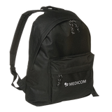 Schwarzer Medicom-Rucksack mit einer Fronttasche mit Reißverschluss und einem Logo.