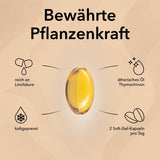 Die Soft-Gel_Kapsel von Schwarzkümmelöl mit Produktinforrmationen: kaltgepresst und Tagesdosis etc.