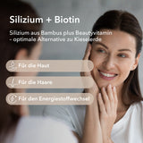 Produktinformationen zu Silizium + Biotin. Silizium aus Bambus und Biotin mit Anwendungsgebieten: Für die Haut, für die Haare und für den Energiestoffwechsel. Eine Frau mittleren Alters lächelt in die Kamera