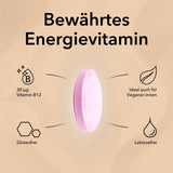 Die Tablette von Vitamin B12 mit Produktinformationen, 30 µg Vitamin B12, ideal auch für Veganer:innen , glutenfrei & laktosefrei 
