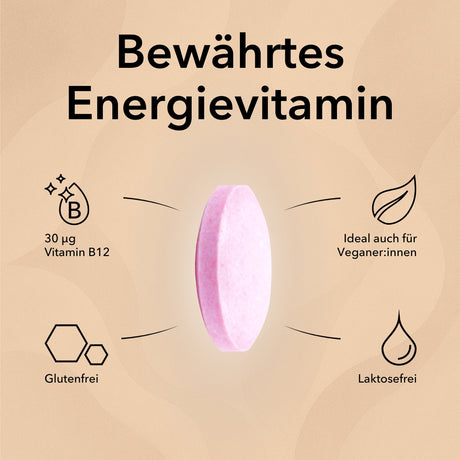 Die Tablette von Vitamin B12 mit Produktinformationen, 30 µg Vitamin B12, ideal auch für Veganer:innen , glutenfrei & laktosefrei 