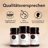 Das Qualitätsversprechen von Medicom mit drei Icons von Medicom: hergestellt nach GMP-Standard, ohne Tierversuche, Premiumqualität mit Sitz in Deutschland. Drei Produktdosen von Vitamin B12 unten abgebildet.
