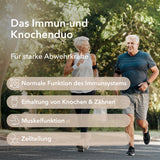 Produktinformationen zu Vitamin D3 + K2 mit Anwendungsgebieten: normale Funktion des Immunsystems, Erhaltung von Knochen und Zähnen, Muskelfunktion, Zellteilung. Das Immun- und Knochenduo für starke Abwehrkräfte.