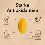 Produktinformationen zu Zink Plus Vitamin C Tabletten: starke Antioxidantien, mit 225 mg Vitamin C, mit 10 mg Zink, 1 x täglich 1 Tablette und mit Depot-Effelt, langsame & gleichmäßige Freisetzung