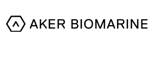 Aker BioMarine-Logo mit einem Sechseck und einem Pfeil nach oben neben dem Firmennamen in schwarzer Schrift.