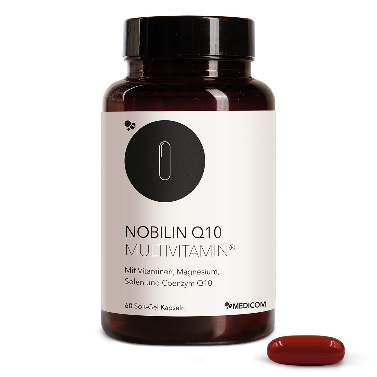 Der Bestseller von Medicom: Nobilin Q10 Multivitamin® in der wiederverwendbaren Dose. Vorderansicht der Produktdose und Soft-Gel-Kapsel